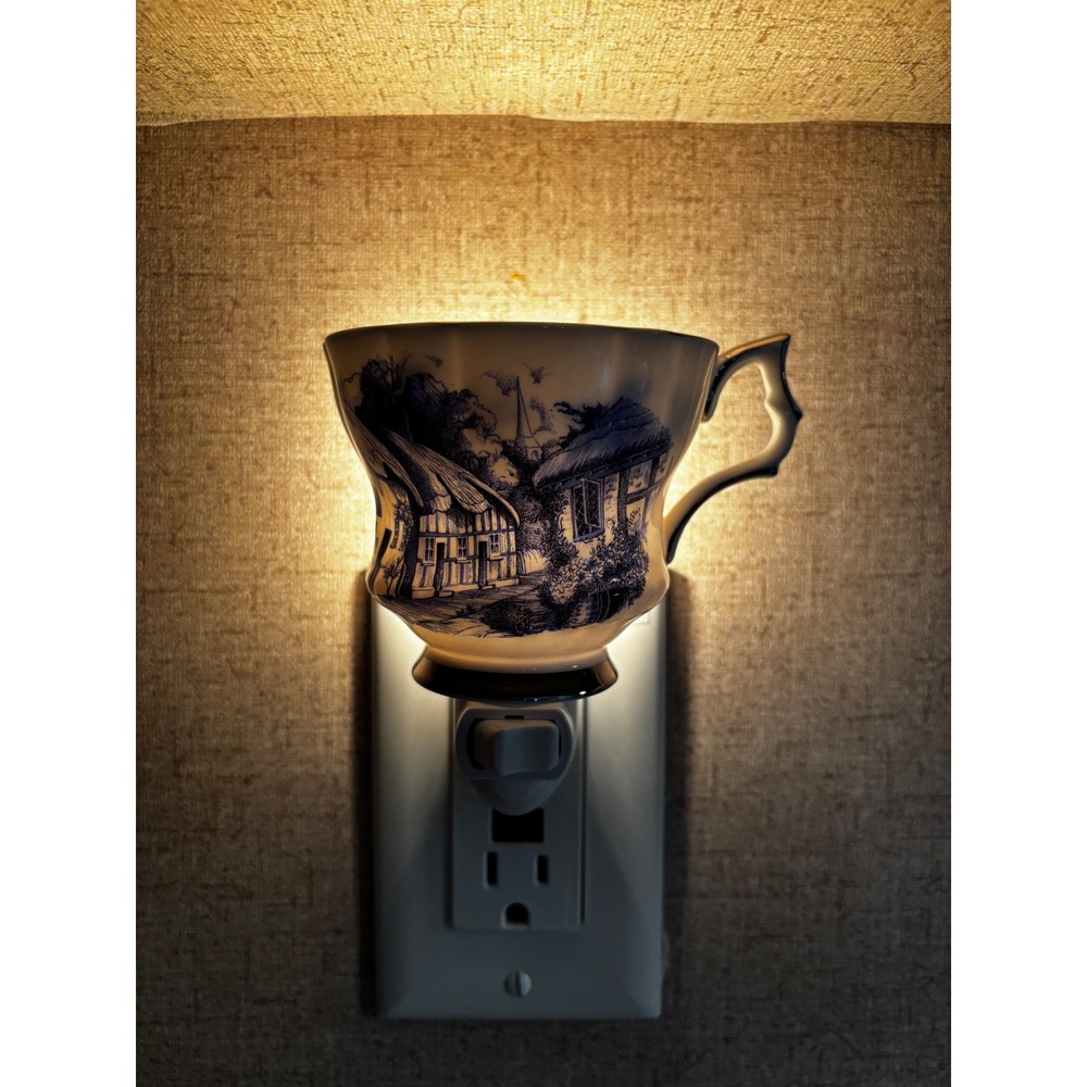 Vintage Teacup Night Light Blue White Cottage Transferware Porcelain 013